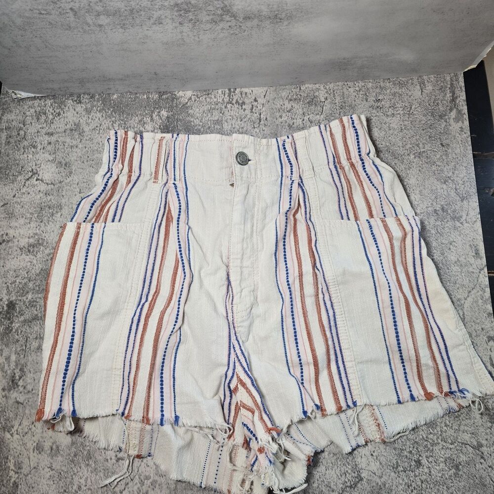 We The Free People Paperbag High Waist Shorts 27 Cut off Raw edge Stripe Pleated